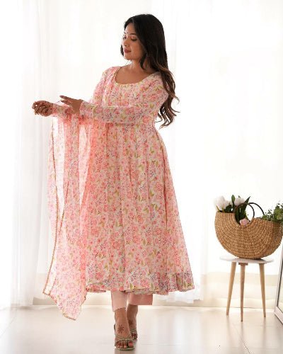 Pastel Pink Chiffon Floral Anarkali Suit Set - BONYHUBSALWAR KAMEEZ