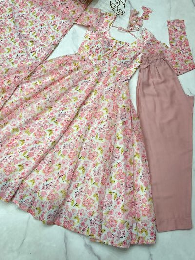 Pastel Pink Chiffon Floral Anarkali Suit Set - BONYHUBSALWAR KAMEEZ