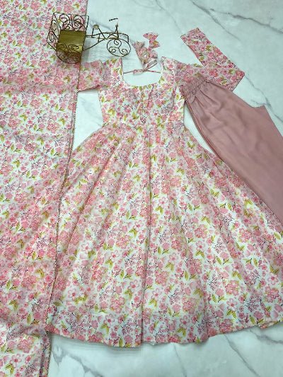 Pastel Pink Chiffon Floral Anarkali Suit Set - BONYHUBSALWAR KAMEEZ