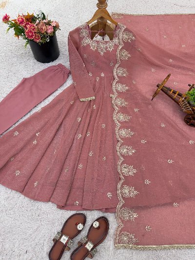 Pastel Pink Crunchy Silk Embroidery Work Anarkali Suit - BONYHUBSALWAR KAMEEZ