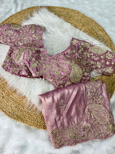 Pastel Pink Crush Tissue Sari Free Stitched Blouse - BONYHUBSAREE