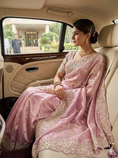 Pastel Pink Crush Tissue Sari Free Stitched Blouse - BONYHUBSAREE