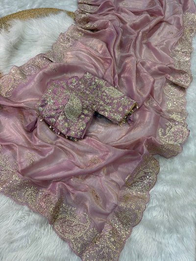 Pastel Pink Crush Tissue Sari Free Stitched Blouse - BONYHUBSAREE
