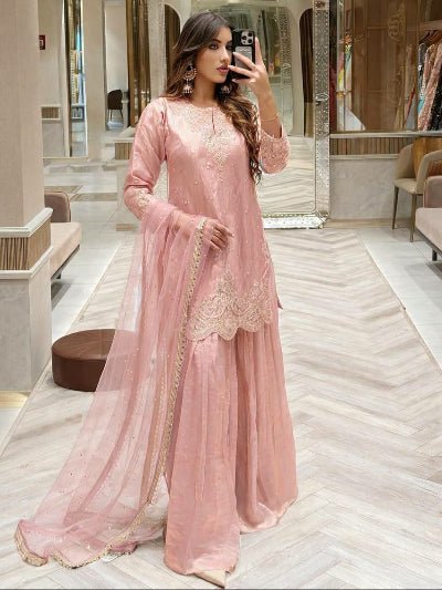 Pastel Pink Embroidery Work Sharara Palazzo Suit UK Next Day - BONYHUBSALWAR KAMEEZ