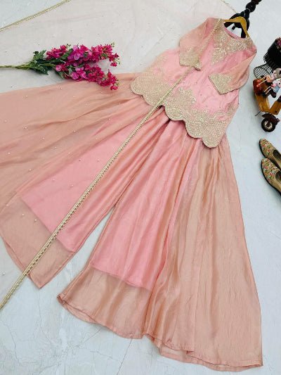 Pastel Pink Embroidery Work Sharara Palazzo Suit UK Next Day - BONYHUBSALWAR KAMEEZ