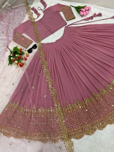 Pastel Pink Georgette Embroidered Stitched Lehenga Set UK Next Day - BONYHUBLehangas