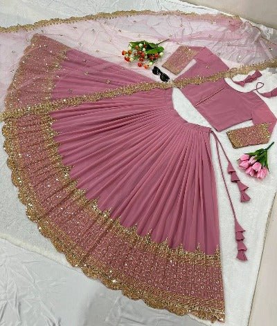 Pastel Pink Georgette Embroidered Stitched Lehenga Set UK Next Day - BONYHUBLehangas