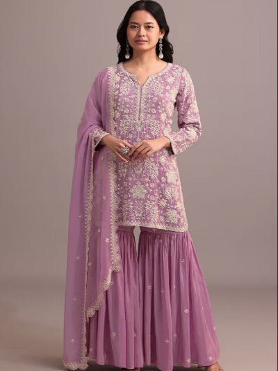 Pastel Pink Georgette Sequins Work Gharara Suit Set - BONYHUBSALWAR KAMEEZ