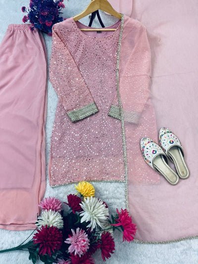 Pastel Pink Georgette Sequins Work Sharara Palazzo Suit - BONYHUBSALWAR KAMEEZ