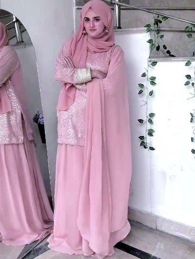 Pastel Pink Georgette Sequins Work Sharara Palazzo Suit - BONYHUBSALWAR KAMEEZ