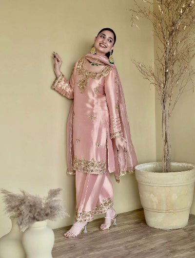 Pastel Pink Gold Handwork Satin Silk Salwar Suit UK Next Day - BONYHUBSALWAR KAMEEZ