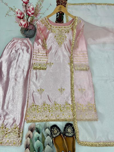 Pastel Pink Gold Handwork Satin Silk Salwar Suit UK Next Day - BONYHUBSALWAR KAMEEZ