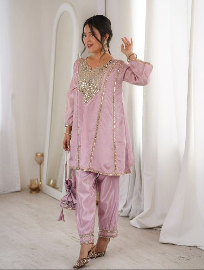 Pastel Pink Mirror Embroidered Kurti Pant Set with Potli (bag) UK Next Day - BONYHUBSALWAR KAMEEZ