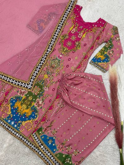 Pastel Pink Multicolor Mirror Work Palazzo Suit - BONYHUBSALWAR KAMEEZ
