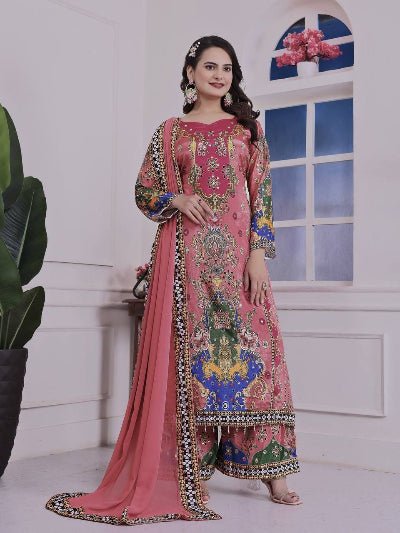 Pastel Pink Multicolor Mirror Work Palazzo Suit - BONYHUBSALWAR KAMEEZ