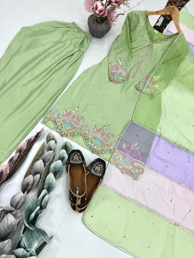 Pastel Pista Green Sequins Work Farshi Suit Set - BONYHUBSALWAR KAMEEZ