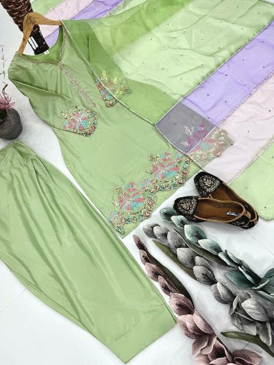 Pastel Pista Green Sequins Work Farshi Suit Set - BONYHUBSALWAR KAMEEZ