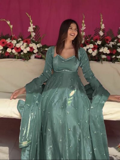 Pastel Sage Green Silk Sequin Detailing Anarkali Suit - BONYHUBSALWAR KAMEEZ