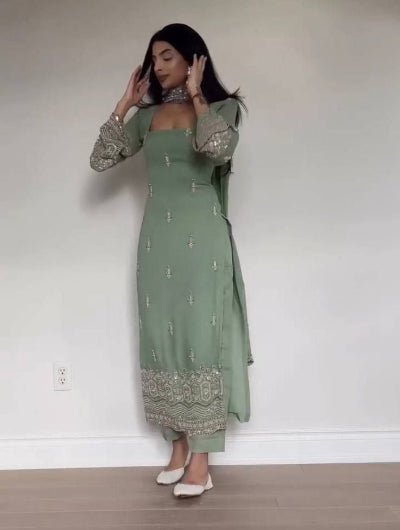 Pastel Seagreen Georgette Embroidery Work Straight Suit - BONYHUBSALWAR KAMEEZ