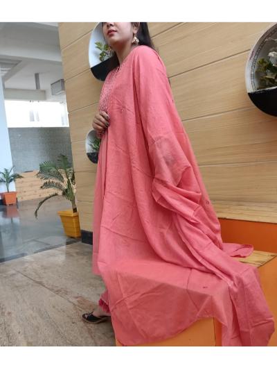 Peach Cotton Hand Work Embroidered Salwar Suit (Set of 3) - BONYHUBSALWAR KAMEEZ