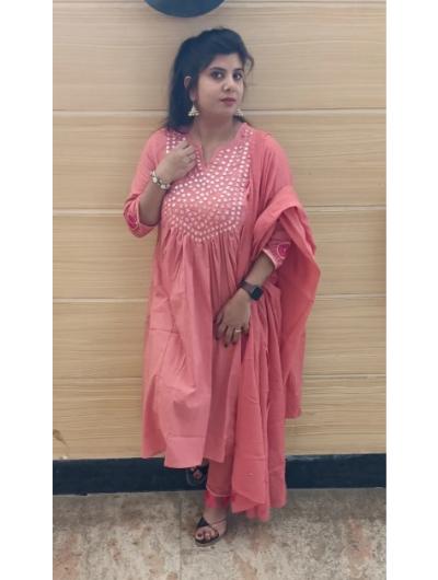 Peach Cotton Hand Work Embroidered Salwar Suit (Set of 3) - BONYHUBSALWAR KAMEEZ