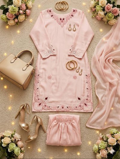 Peach Embroidered Thread Work Palazzo Suit Set - BONYHUBSALWAR KAMEEZ
