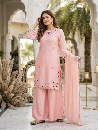 Peach Embroidered Thread Work Palazzo Suit Set - BONYHUBSALWAR KAMEEZ