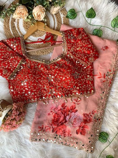 Peach Georgette Embroidered Saree with Blouse | UK