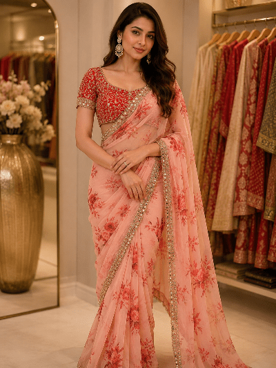 Peach Georgette Embroidered Saree with Blouse | UK