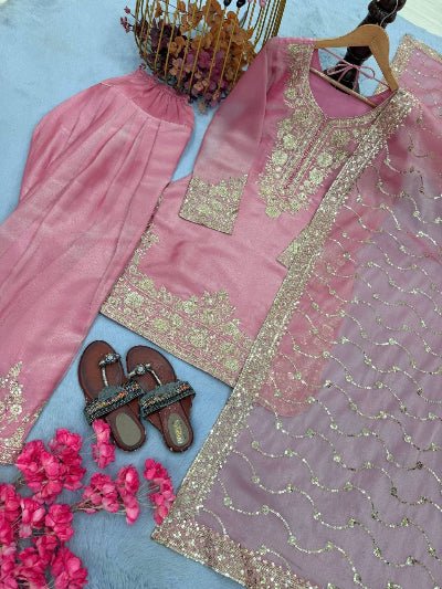Peach &amp; Pink Sequence Embroidered Farshi Palazzo Suit for Women - BONYHUBSALWAR KAMEEZ