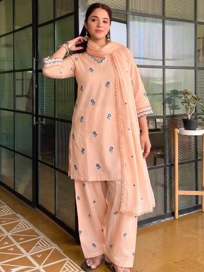 Peach Satin Chanderi Embroidered Farshi Suit for Women - BONYHUBSALWAR KAMEEZ