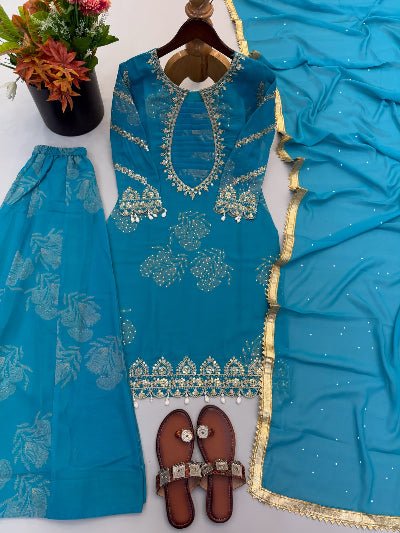 Peacock Blue Embroidery Sequins Work Sharara Suit for Women - BONYHUBSALWAR KAMEEZ