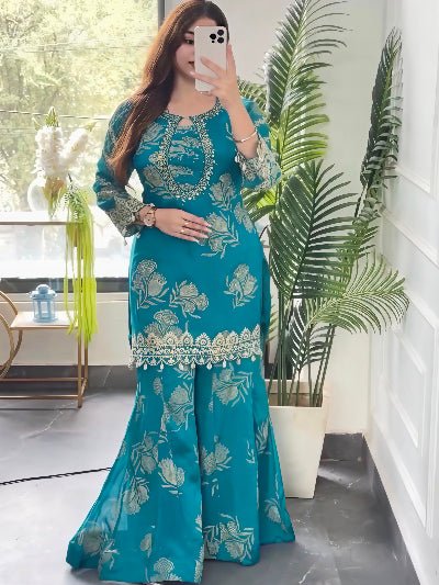Peacock Blue Embroidery Sequins Work Sharara Suit for Women - BONYHUBSALWAR KAMEEZ