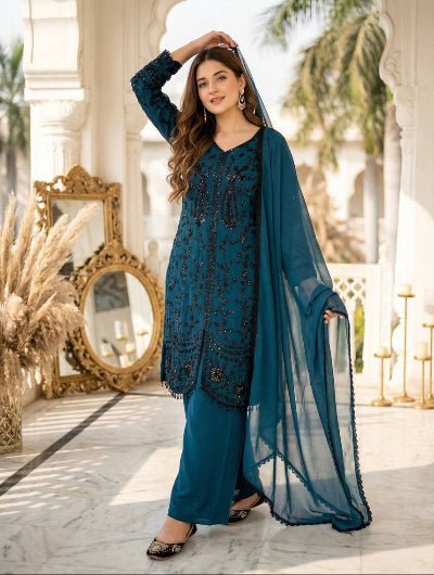 Peacock Blue Georgette Sequins Embroidered Palazzo Suit - BONYHUBSALWAR KAMEEZ