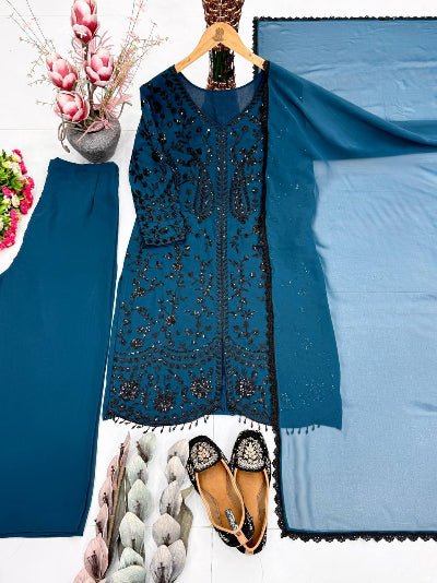 Peacock Blue Georgette Sequins Embroidered Palazzo Suit - BONYHUBSALWAR KAMEEZ
