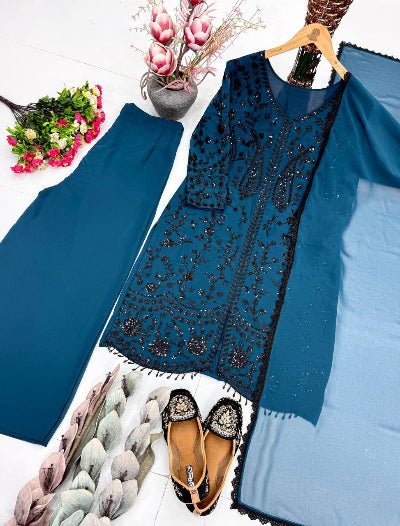 Peacock Blue Georgette Sequins Embroidered Palazzo Suit - BONYHUBSALWAR KAMEEZ