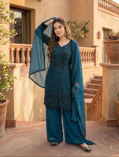 Peacock Blue Georgette Sequins Embroidered Palazzo Suit - BONYHUBSALWAR KAMEEZ