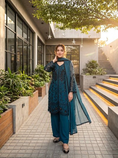 Peacock Blue Georgette Sequins Embroidered Palazzo Suit - BONYHUBSALWAR KAMEEZ