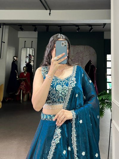 Peacock Blue Sequins Work Partywear Lehenga Choli Set - BONYHUBSALWAR KAMEEZ