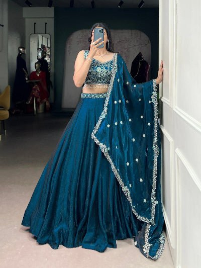 Peacock Blue Sequins Work Partywear Lehenga Choli Set - BONYHUBSALWAR KAMEEZ