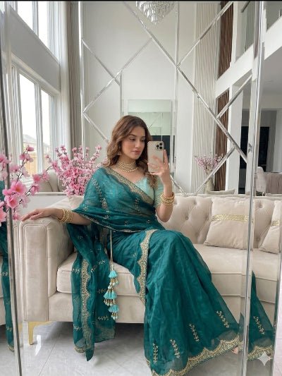 Peacock Green Ready to Wear Saree with Aqua Embroidered Stitched Blouse - BONYHUBSAREE