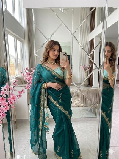 Peacock Green Ready to Wear Saree with Aqua Embroidered Stitched Blouse - BONYHUBSAREE