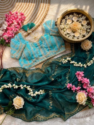Peacock Green Ready to Wear Saree with Aqua Embroidered Stitched Blouse - BONYHUBSAREE