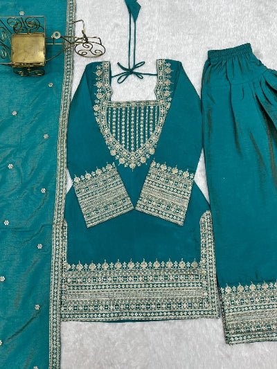 Peacock Teal Embroidery Work Farshi Suit Set - BONYHUBSALWAR KAMEEZ