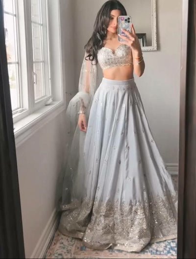 Pearl Grey Sequins Work Lehenga Choli Set - BONYHUBSALWAR KAMEEZ