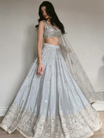 Pearl Grey Sequins Work Lehenga Choli Set - BONYHUBSALWAR KAMEEZ