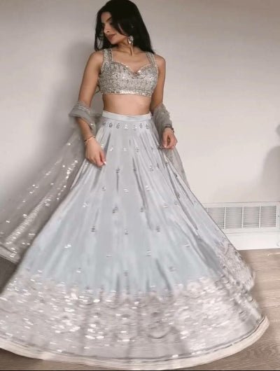 Pearl Grey Sequins Work Lehenga Choli Set - BONYHUBSALWAR KAMEEZ