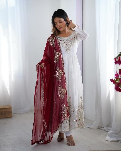 Pearl White Embroidered Red Dupatta Anarkali Suit Set - BONYHUBSALWAR KAMEEZ