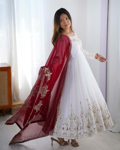 Pearl White Embroidered Red Dupatta Anarkali Suit Set - BONYHUBSALWAR KAMEEZ
