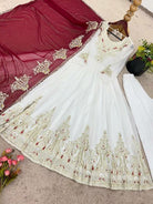 Pearl White Embroidered Red Dupatta Anarkali Suit Set - BONYHUBSALWAR KAMEEZ